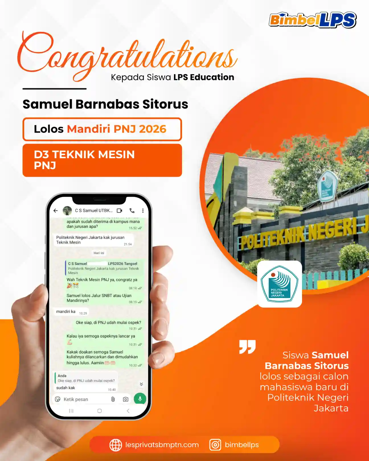 Samuel Barnabas Sitorus Lolos Mandiri PNJ D3 Teknik Mesin